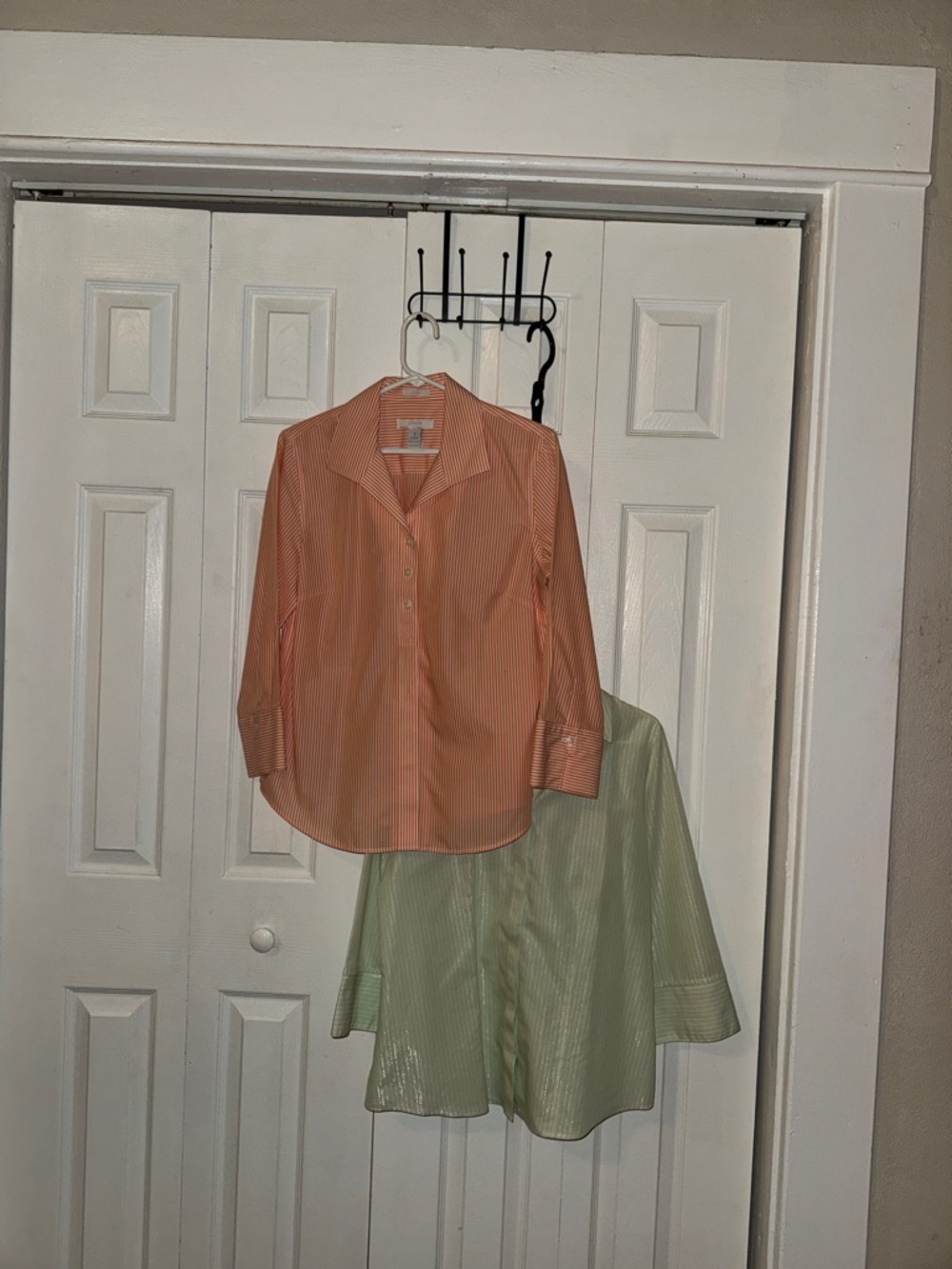 2 For $30 Chicos Non Iron Shirts Light Orange Striped & Green Striped